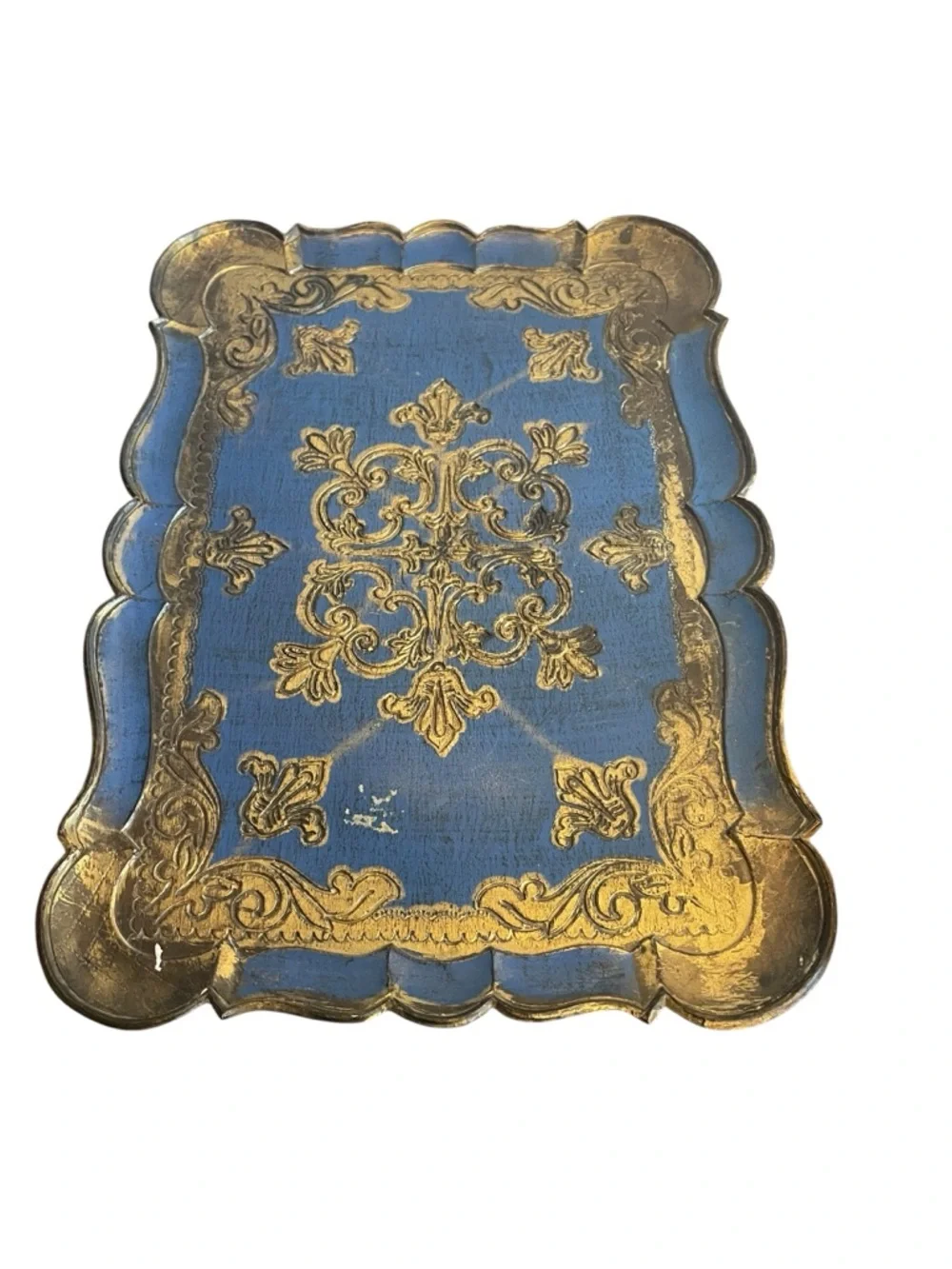 Vintage Italian Florentine Wood Tray Blue Gold Gilt Scalloped Hand Painted Italy